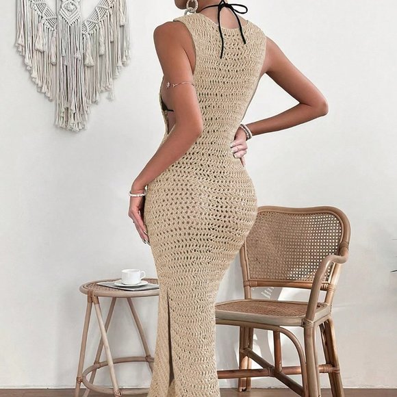 Apricot Casual Womens Hollow Out Split Thigh Cover Up Dress Without Bikini - Picture 2 of 5